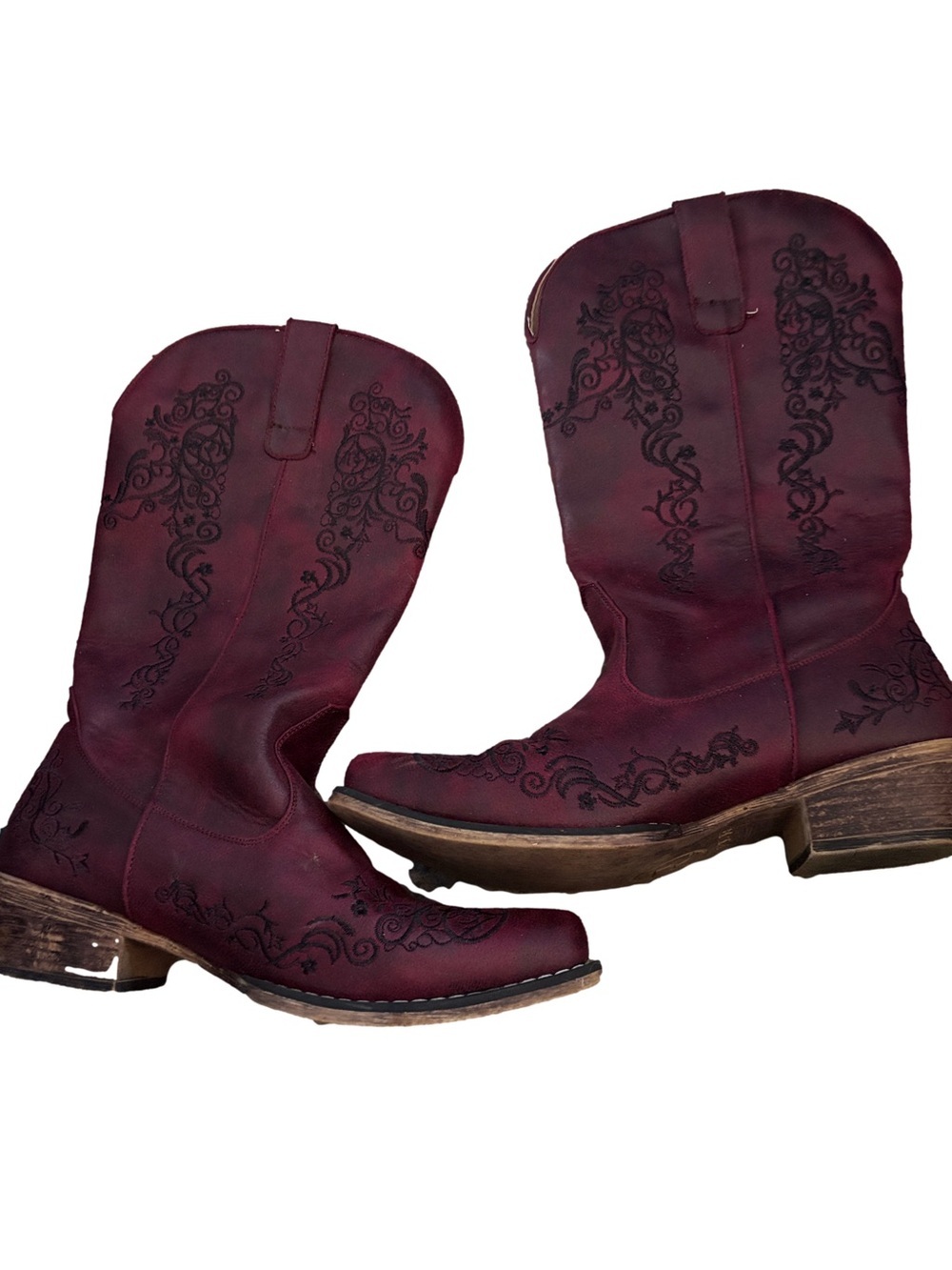 Roper burgundy embroidered Western Boots. Sz 9.5 Snip toe faux leather rodeo